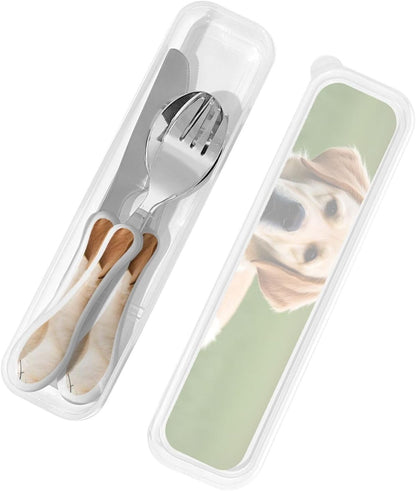 3-Piece Kids Silverware Set With Storage Case, Stainless Steel Reusable Children Safe Knife Spoon Fork Set Cute Puppy Children Flatware Set For Kids Lunch Box