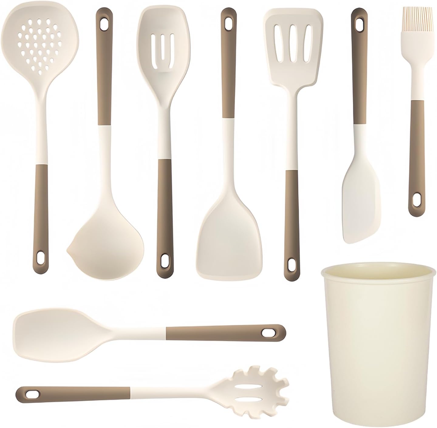 Silicone Kitchen Utensils Set, 10 Piece Silicone Cooking Utensils Set with Holder, Heat-Resistant Non Stick Cooking Tools Set with Spatula,Turner Ladle Skimmer Pasta Fork,BPA Free (Khaki)