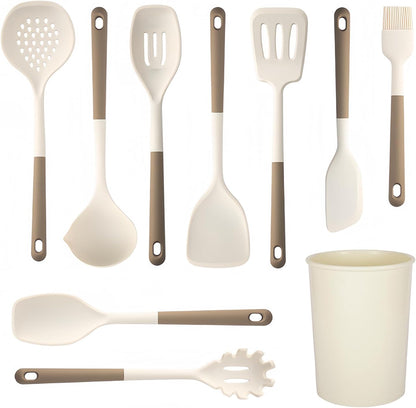 Silicone Kitchen Utensils Set, 10 Piece Silicone Cooking Utensils Set with Holder, Heat-Resistant Non Stick Cooking Tools Set with Spatula,Turner Ladle Skimmer Pasta Fork,BPA Free (Khaki)