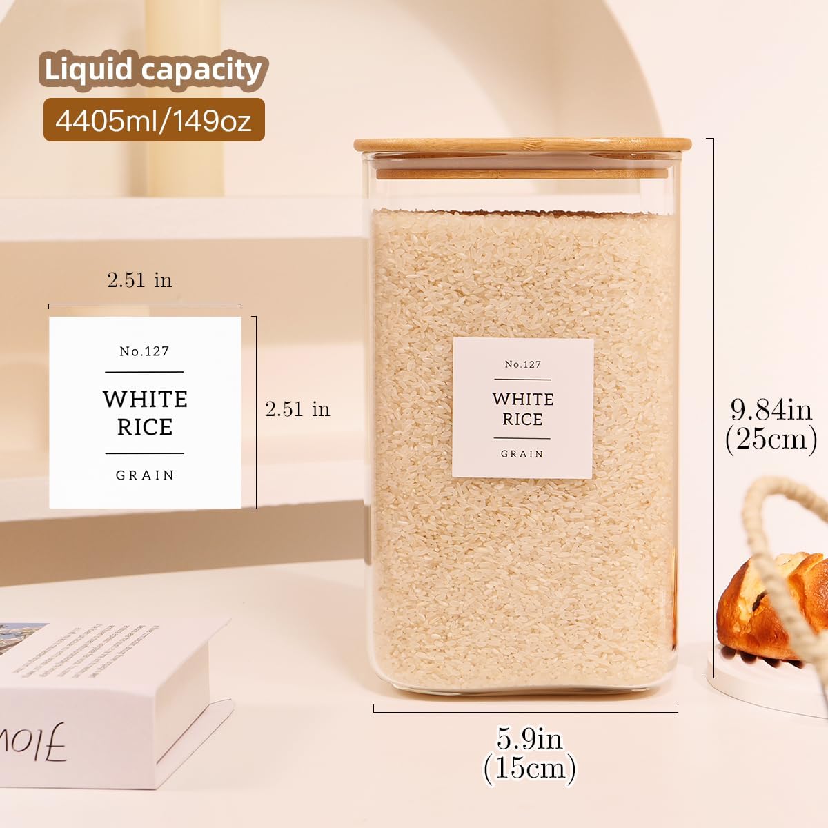 2 Pack large Square Glass Flour and Sugar Containers with 132 Kitchen Pantry Labels - 149 floz & 71 floz - Glass Jars with Airtight Bamboo Lid - Glass Rice Canisters for Coffee, Pasta, Cookie, Cereal