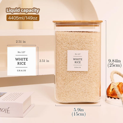 2 Pack large Square Glass Flour and Sugar Containers with 132 Kitchen Pantry Labels - 149 floz & 71 floz - Glass Jars with Airtight Bamboo Lid - Glass Rice Canisters for Coffee, Pasta, Cookie, Cereal