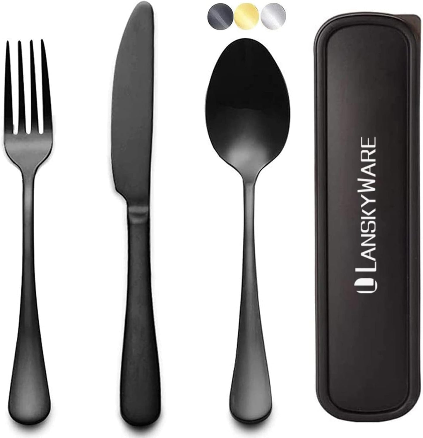 Portable Travel Utensils Set, 18/8 Stainless Steel 3 PCS Cutlery Set Including Knife Fork and Spoon, Reusable Travel Silverware Set with Case for Lunch Box Camping School Office