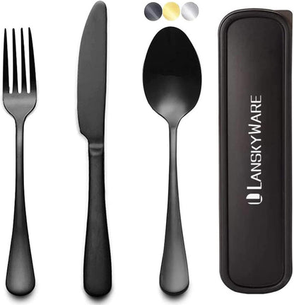 Portable Travel Utensils Set, 18/8 Stainless Steel 3 PCS Cutlery Set Including Knife Fork and Spoon, Reusable Travel Silverware Set with Case for Lunch Box Camping School Office