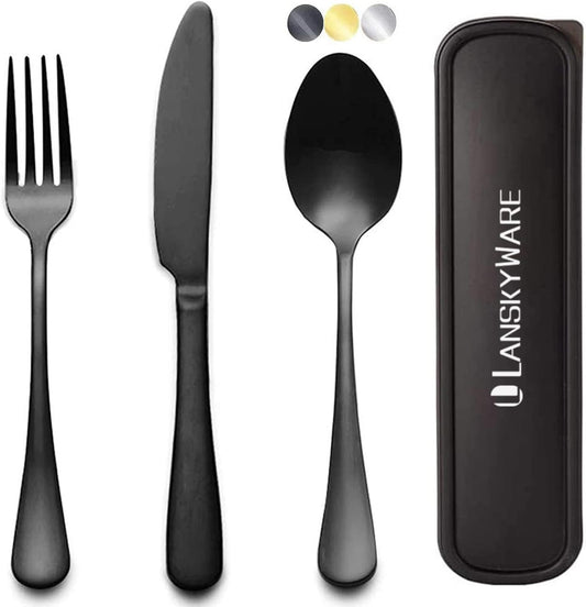 Portable Travel Utensils Set, 18/8 Stainless Steel 3 PCS Cutlery Set Including Knife Fork and Spoon, Reusable Travel Silverware Set with Case for Lunch Box Camping School Office
