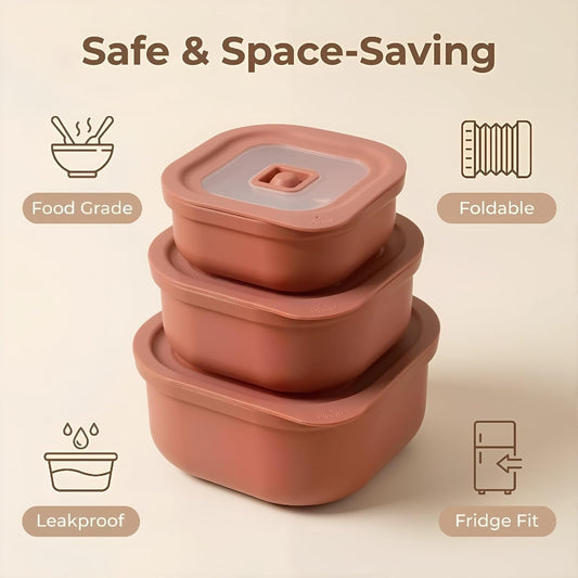 3-Piece Nesting Vented Plastic Food Containers with Lids Airtight Leakproof Meal Prep Containers Set BPA-Free Reusable Silicone Food Containers Lunch Boxes (White)