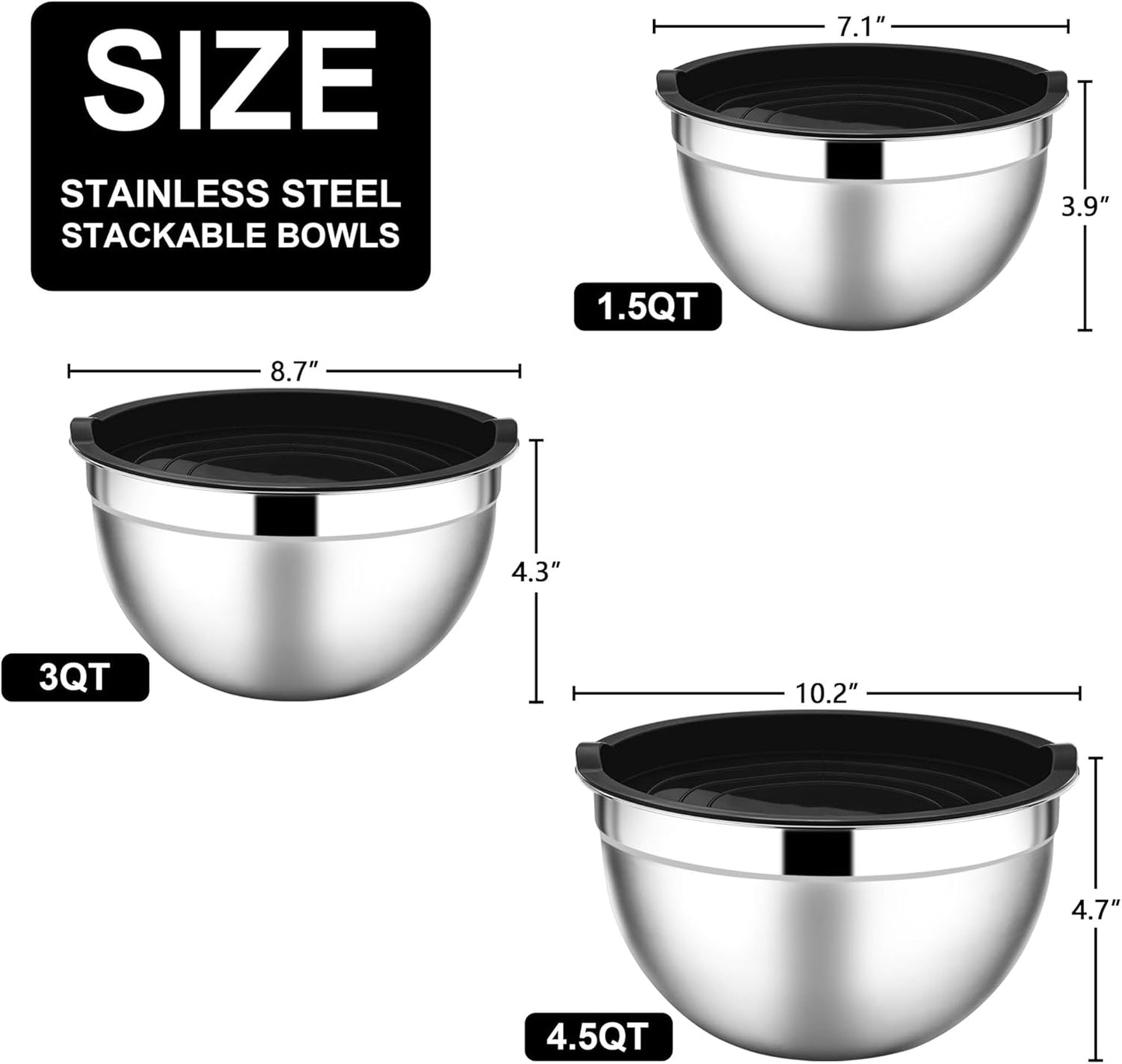 E-far Mixing Bowls With Lids Sets of 5, 10-Piece Stainless Steel Salad Metal Nesting Bowl for Baking Cooking and Prepping, Airtight Lid & Stackable Design, Size 4.6, 3, 2.1, 1.5, 0.7 QT, Black