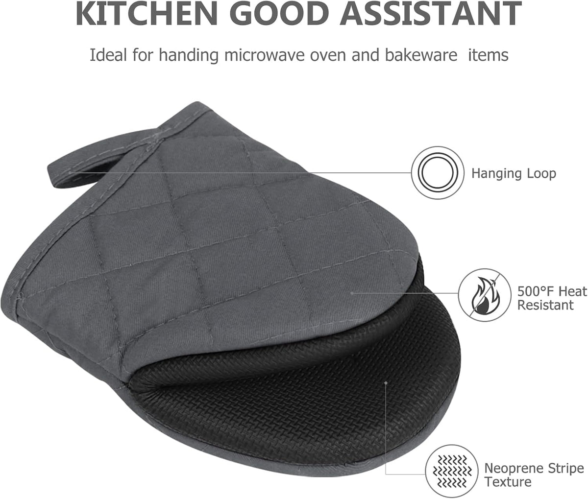 1 Pair Short Oven Mitts - Silicone Kitchen Oven Gloves High Heat Resistant 500℉, Mini Oven Mits with Non-Slip Grip Surfaces and Hanging Loop for BBQ, Baking, Cooking and Grilling (Black)