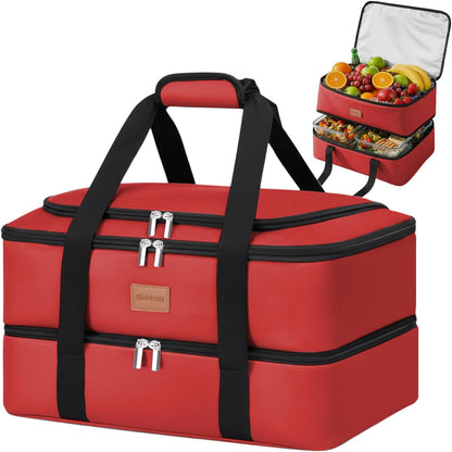 Insulated Casserole Carrier, Double Decker Food Carriers for Hot or Cold Food, Portable Leakproof Thermal Bag for Travel/Potluck Parties/Picnic/Cookouts (Red)