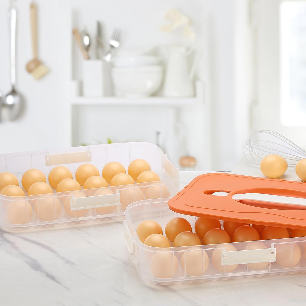 BTSKY Deviled Egg Platter with Lid, 3-Layer 54 Slots Deviled Eggs Carrier, Clear Portable Egg Holder for Fridge Reusable Deviled Eggs Tray Carton Box for Easter and Party Favor (3-Layer, Orange)