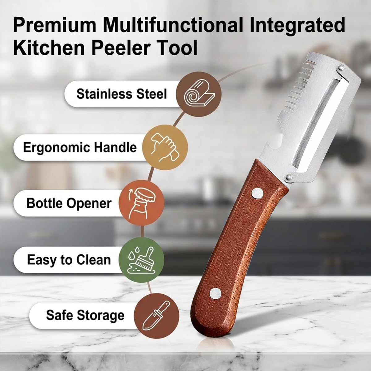 Multifunctional Vegetable Peeler，With wooden handle & bottle opener and grater 3 in 1 kitchen gadgets for potatoes pumpkinsp garlic sugarcane pineapples carrots and other vegetables or fruits