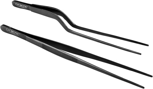 O'Creme Culinary Stainless Steel Tweezer Tongs Set of 2 - One 10 Inch Straight and One 8 Inch Offset Gold Color