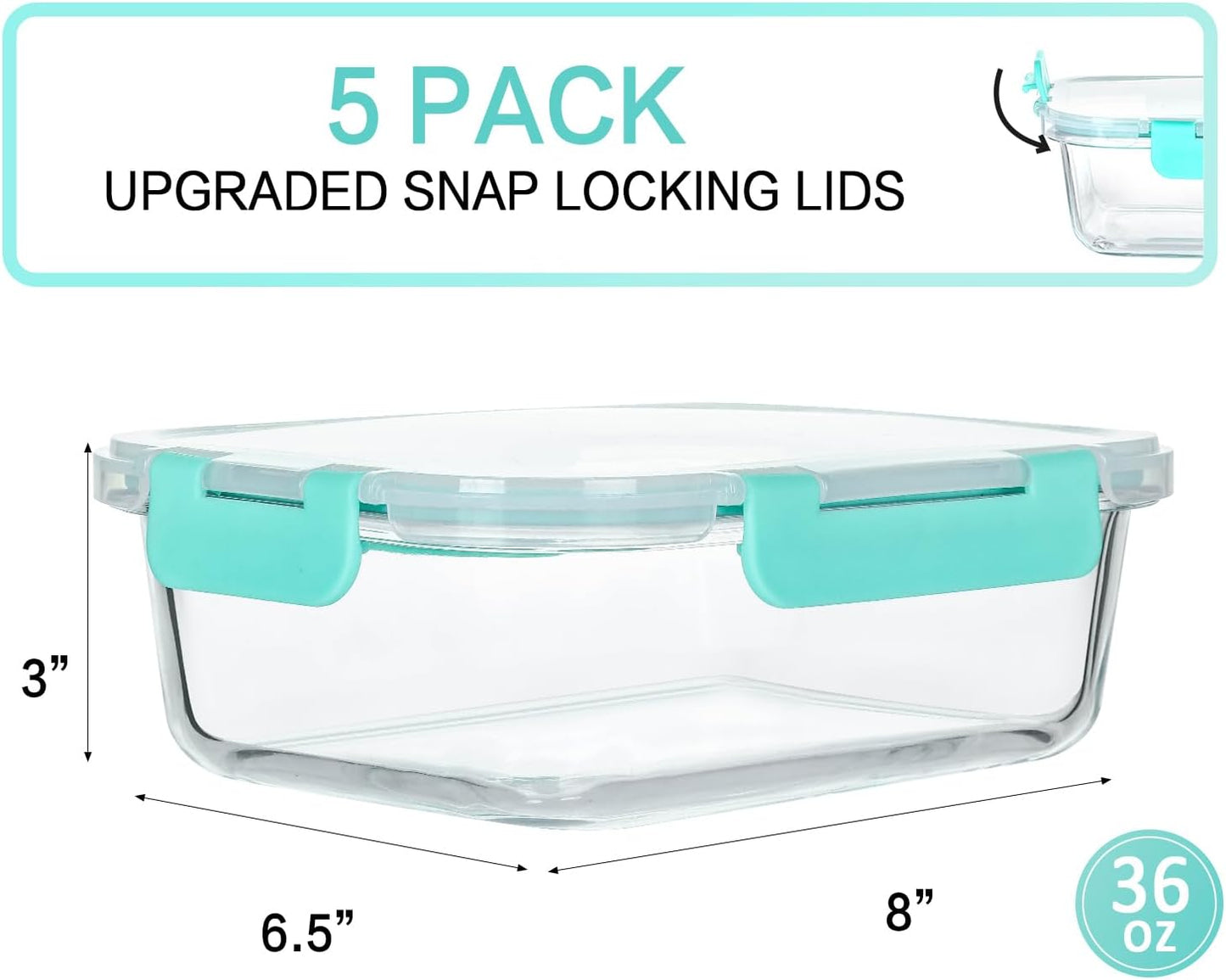 M MCIRCO [5-Packs, 36 Oz Glass Meal Prep Containers with Snap Locking Lids Glass Food Containers,Airtight Lunch Container,Microwave, Oven, Freezer and Dishwasher (4.5 Cup)