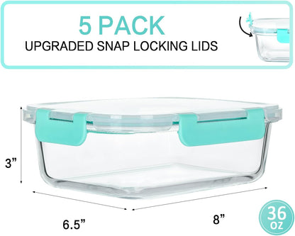 M MCIRCO [5-Packs, 36 Oz Glass Meal Prep Containers with Snap Locking Lids Glass Food Containers,Airtight Lunch Container,Microwave, Oven, Freezer and Dishwasher (4.5 Cup)