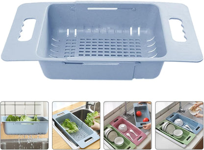 Garneck Expandable over Sink Vegetable Strainer Basket, Blue Plastic Fruit Washing and Draining Colander for Kitchen Sink, Adjustable Fruit Drain Basket for Vegetable Rinsing and Drying