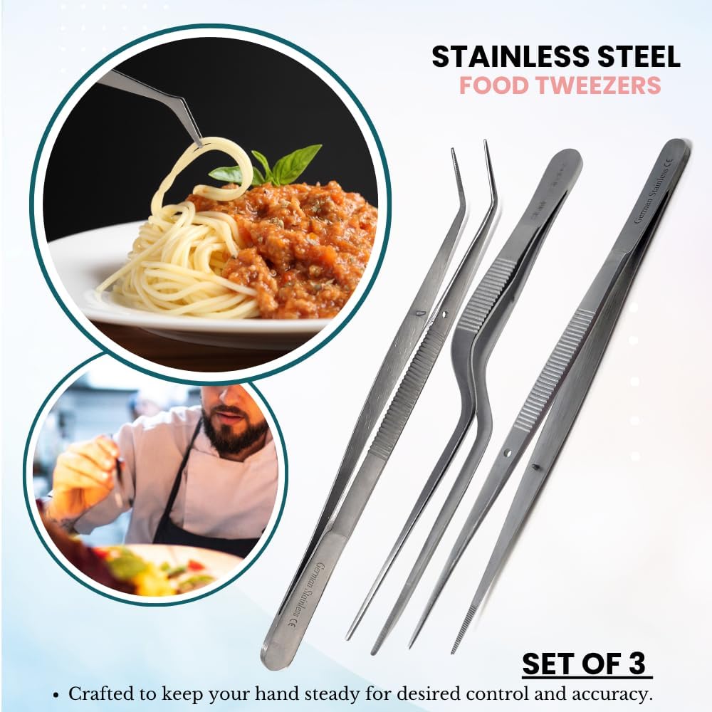 Food Plating Tweezers Culinary Kitchen Tongs Straight + Angled Tips 6" Long for Cookie Cake Decorating/Baking/Cooking Made of Stainless Steel with Fine Serrations Kitchen Utensils