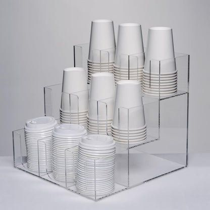 CiaoHER Acrylic Coffee Cup and Lid Dispenser, Clear | 9 Compartments, Counter Top, Organizes Disposable Cups, For Home or Office Use