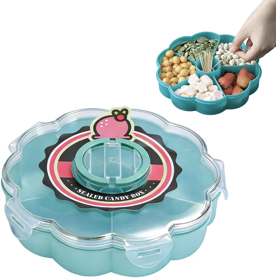 Divided Serving Tray that Spins, Rotating Snack Box Container with Lid for Snacks, Cake, Fruit, Veggie, Dips & Party Appetizers, Lazy Susan Snackle Box Container (Double Layer)