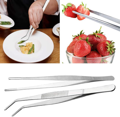 Kitchen Tweezers Stainless Steel 8 Inch Long Tweezers Tongs, Heavy Duty large food tweezers with Precision Serrated Tips for Cooking(8" Straight+Curved)