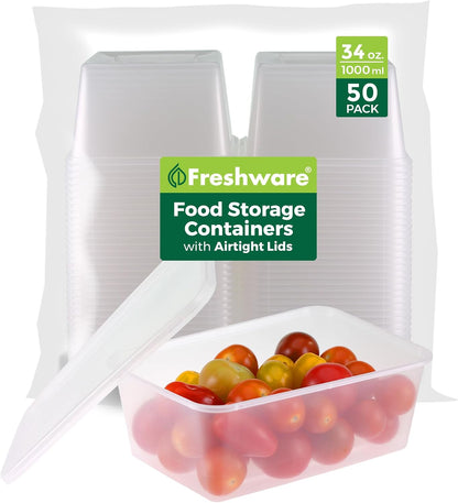 Freshware Food Storage Containers with Lids [60 Pack 8, 16, 32 oz, 20 sets each size] Plastic Deli Containers, Meal Prep Containers, Microwave and Freezer Safe, Stackable, Leakproof, BPA Free, Clear