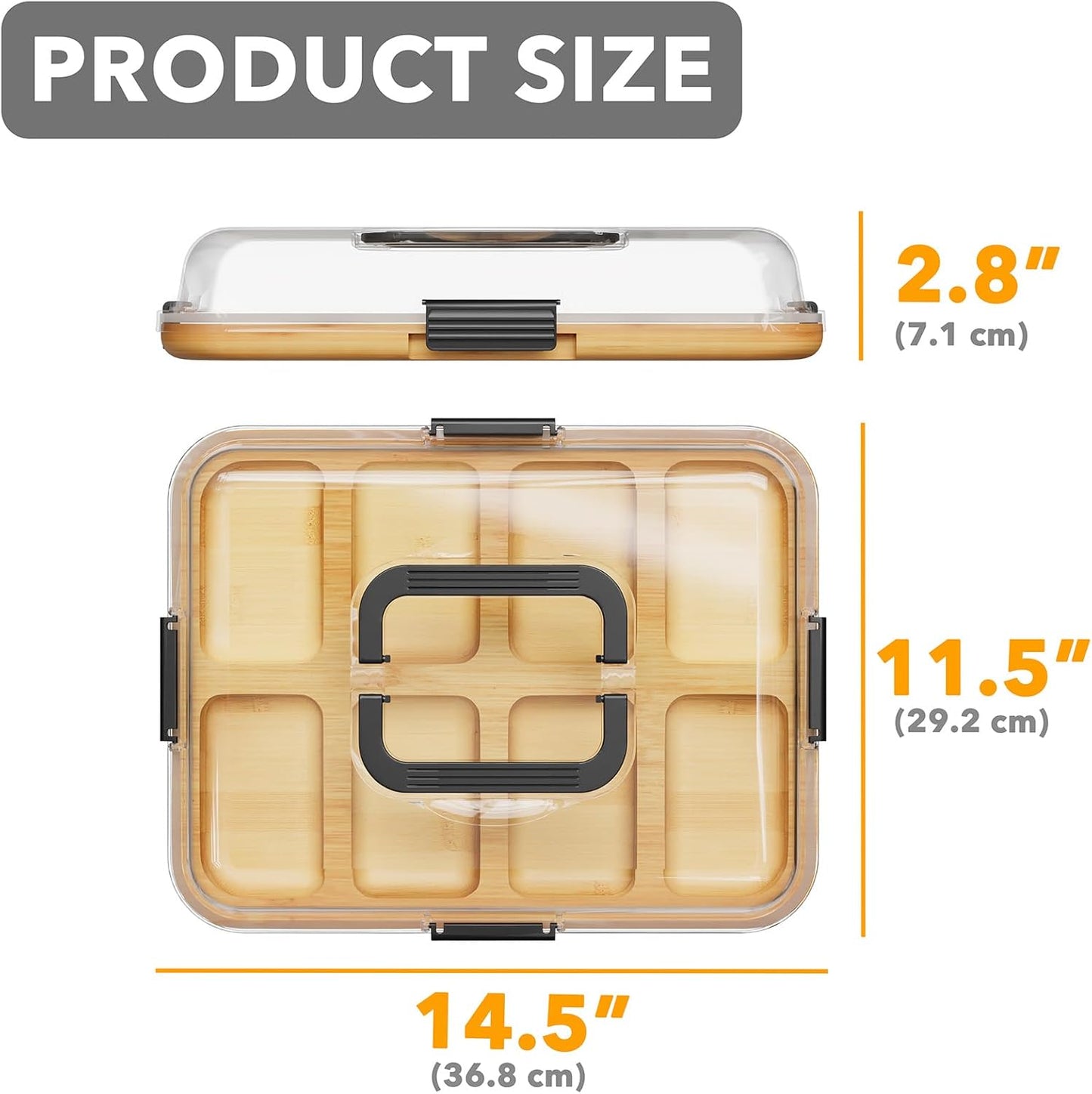 SpaceAid Charcuterie Board with Clear Lid, Portable Travel Cheese Cutting Boards for Picnic Accessories, Bamboo Serving Tray with Lids, House Warming Gifts, Black Handles, 8 Compartments