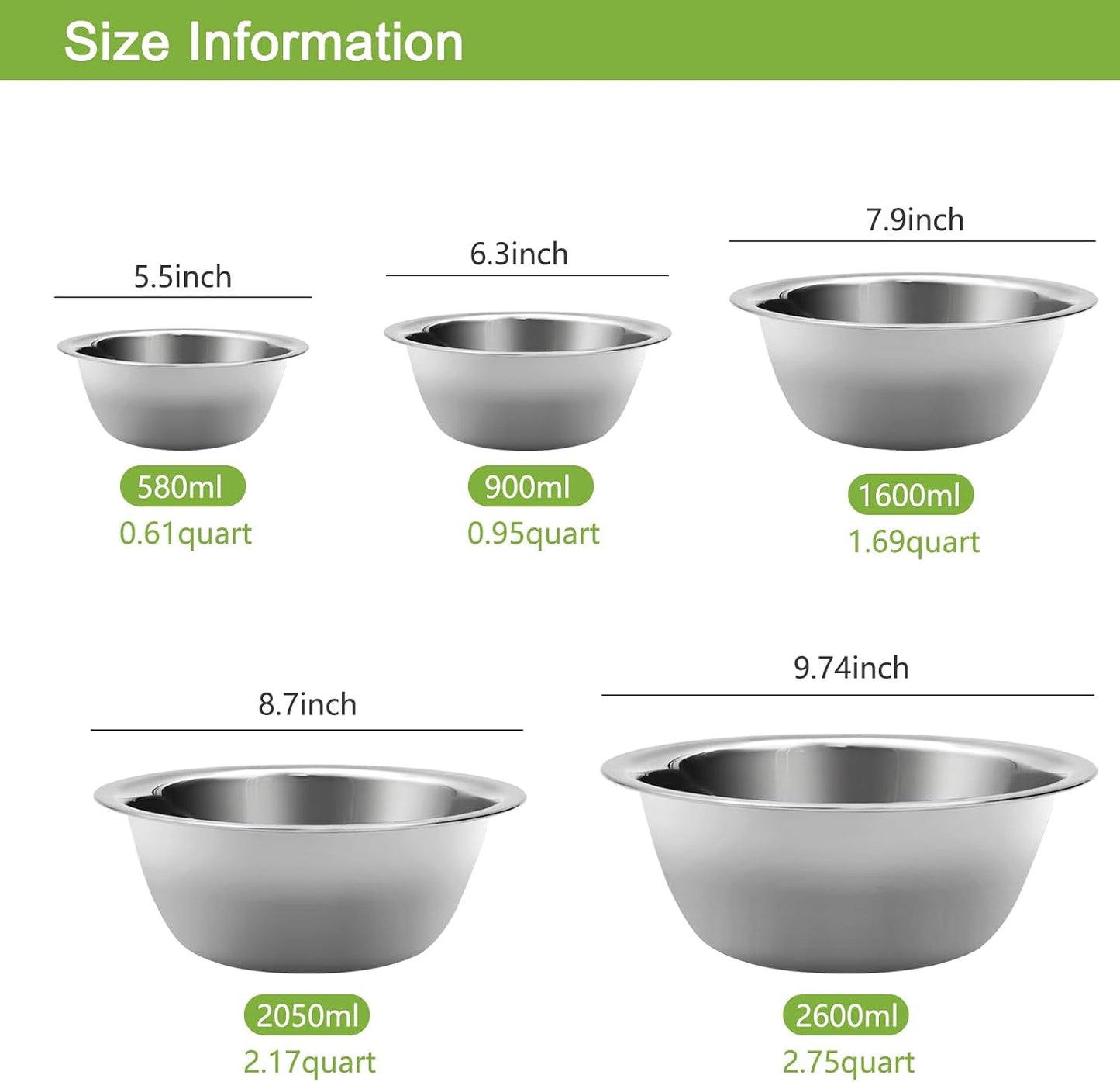 Mixing Bowls Set, Stainless Steel Mixing Bowl Set of 5, Space-Saving Nesting Metal Mixing Bowls for Home Kitchen, RV Kitchen, Baking, Prep, Cooking, Serving, Marinating