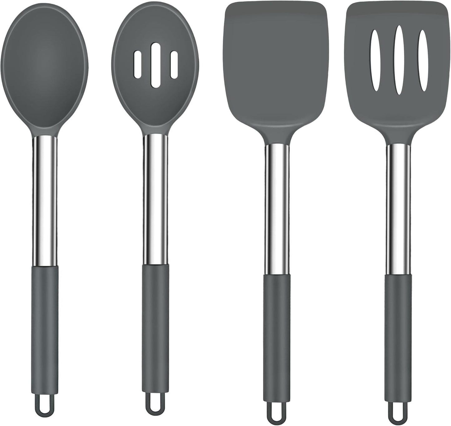 TeamFar Kitchen Utensils, 4 PCS Silicone Cooking Utensils Spatula Spoon Set with Stainless Steel Handle, for Frying Mixing Draining Turning, Healthy & Heat-proof, Non-stick & Dishwasher Safe - Black