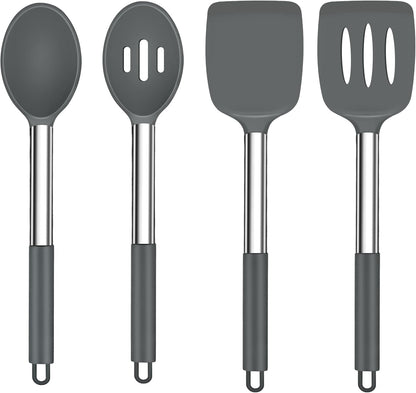 TeamFar Kitchen Utensils, 4 PCS Silicone Cooking Utensils Spatula Spoon Set with Stainless Steel Handle, for Frying Mixing Draining Turning, Healthy & Heat-proof, Non-stick & Dishwasher Safe - Black