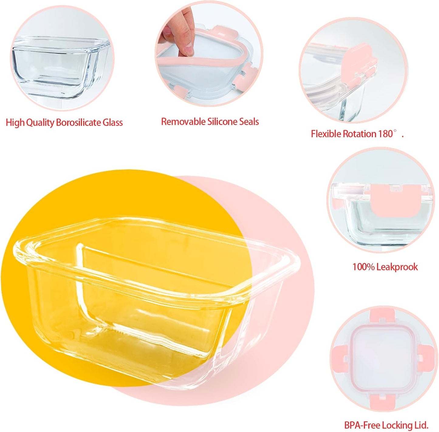 Bariatric Meal Prep Containers 3 Pack, 8 oz Portion Control Containers for Bariatric Meals with Two 4 oz Compartments, Reusable Glass Snack Food Containers with Lids (Pink)