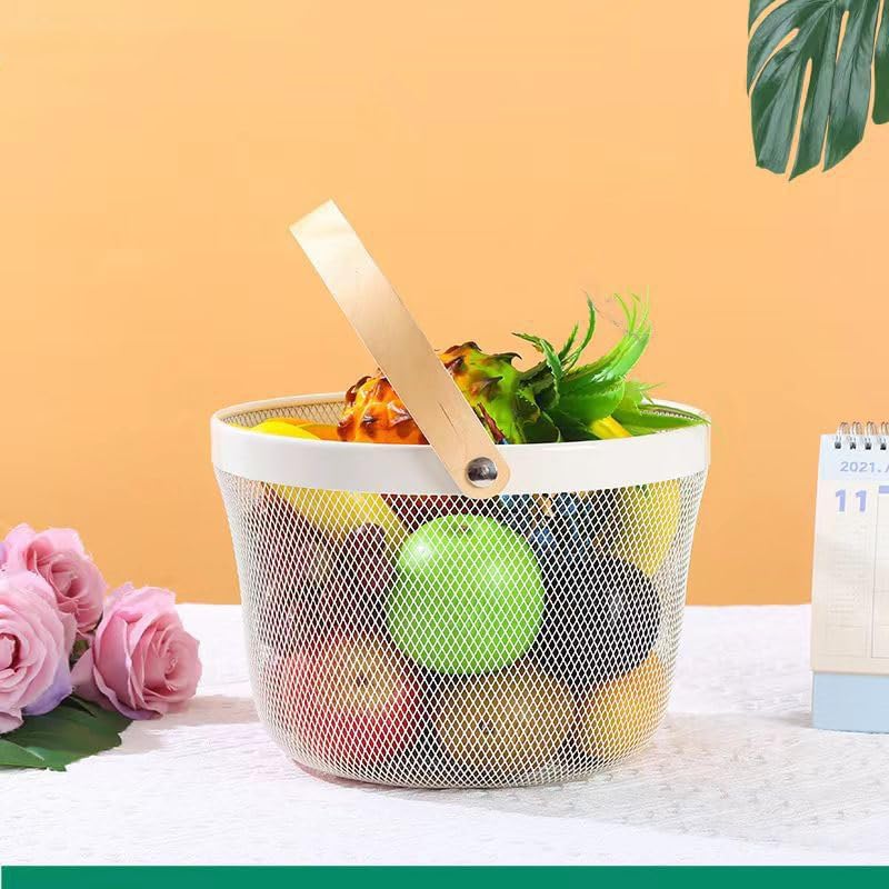 AJIODA Metal Mesh Steel Wire Basket, Round Storage Organizer Basket with Wooden Handle Multi-functional Hanging Kitchen Baskets Fruit Baskets for Kitchen Bathroom Picnic Decor Cabinet Home, White