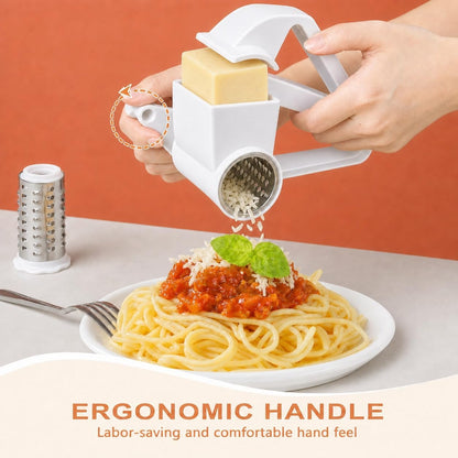 Rotary Cheese Grater with 3 Stainless Steel Drums – Handheld Cheese grater Shredder for Hard Cheese,Nuts & Chocolate | Fine, Coarse & Slicing Blades | White Body | Dishwasher Safe