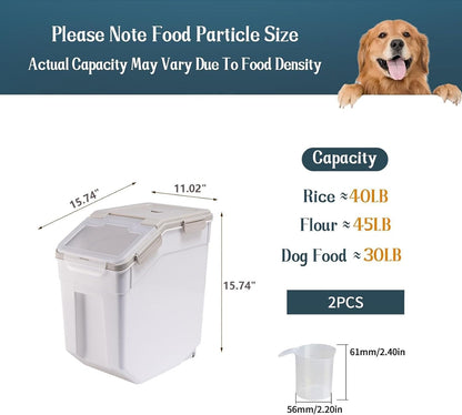 Large Flour Storage Container Bin 25lb, 2Pack Airtight Rice Storage Containers with Measuring Cup&Scoop, BPA Free with Wheels Seal Locking Lid for Flour, Rice, Grain (50LBS Total, Blue)