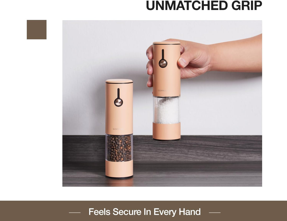 Stainless Steel Rechargeable Electric Salt and Pepper Grinder Set – USB Charging, One-Hand Electric Mill, Adjustable Coarseness, LED Light & Dust Cover –2pack(Greige & Buttercream)