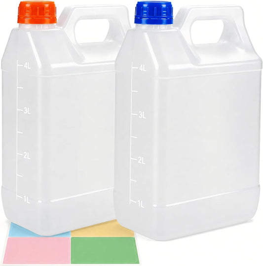 2 Pack 1.25 Gallon Food Grade Plastic Jug, HDPE Square Container with Graduated Scale & Leakproof Wide Mouth Lid, Translucent Water Jug for Milk, Beverage, Oil, Fermentation & Brewing, 4 Labels