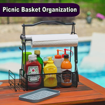 Grill Caddy for Outdoor Kitchen - Foldable Picnic Caddy for BBQ Accessories - Versatile Outdoor Kitchen Accessories Basket with Paper Roll Holder, Hooks & Compartments
