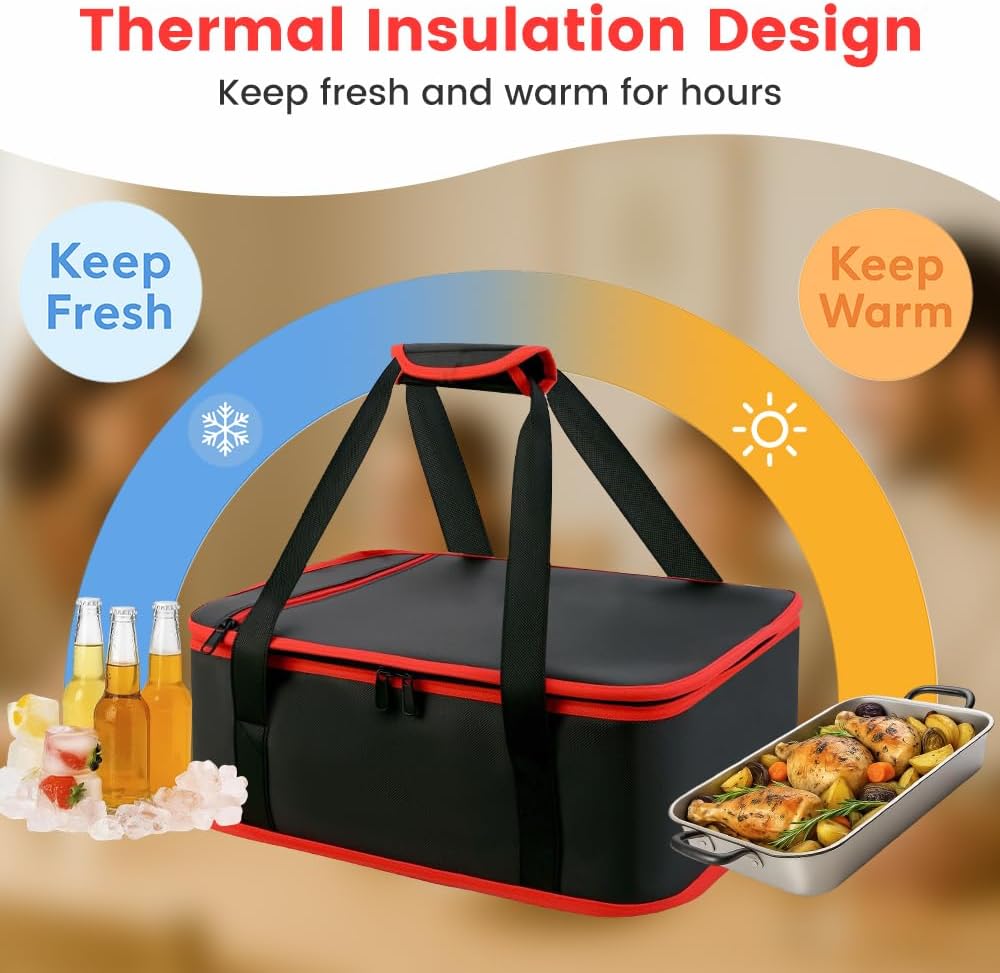 Insulated Resuable Casserole Carrier Bag for Hot or Cold Food, Foldable Portable Prep Carrier, Thermal Food Transport Bag for 9''x13'' & 11''x15'' Baking Pan, Travel Picnic Cake Dessert lunch, Black