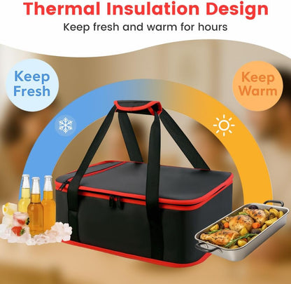 Insulated Resuable Casserole Carrier Bag for Hot or Cold Food, Foldable Portable Prep Carrier, Thermal Food Transport Bag for 9''x13'' & 11''x15'' Baking Pan, Travel Picnic Cake Dessert lunch, Black