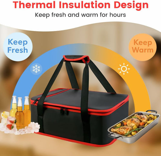 Insulated Resuable Casserole Carrier Bag for Hot or Cold Food, Foldable Portable Prep Carrier, Thermal Food Transport Bag for 9''x13'' & 11''x15'' Baking Pan, Travel Picnic Cake Dessert lunch, Black