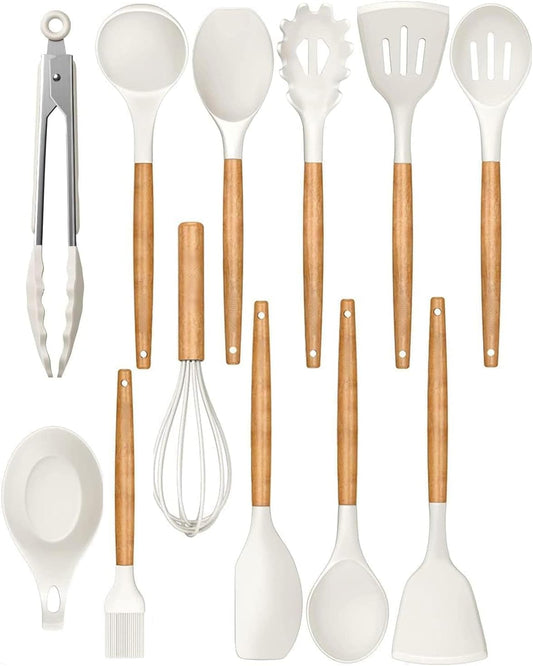 14-Piece Silicone Cooking Utensil Set with Wooden Handles & Storage Holder – Heat-Resistant, Non-Stick Safe, Oven Safe – White