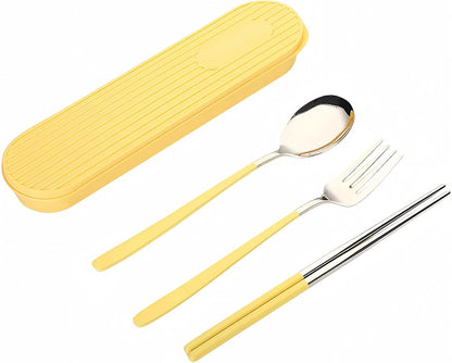 3-Piece Reusable Cutlery Set with Case - Stainless Steel, Heart-Shaped, Includes Chopsticks, Knife, Fork, Spoon, Travel & Camping (ORANGE)