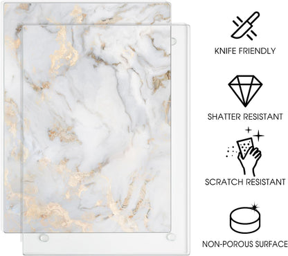 JAMBALAY Tempered Glass Cutting Boards for Kitchen, Gold 12"x8" & 16"x12" Glass Cutting Board Set with Marble Design, With Non Slip Foot, Shatter and Heat Resistant, Dishwasher Safe