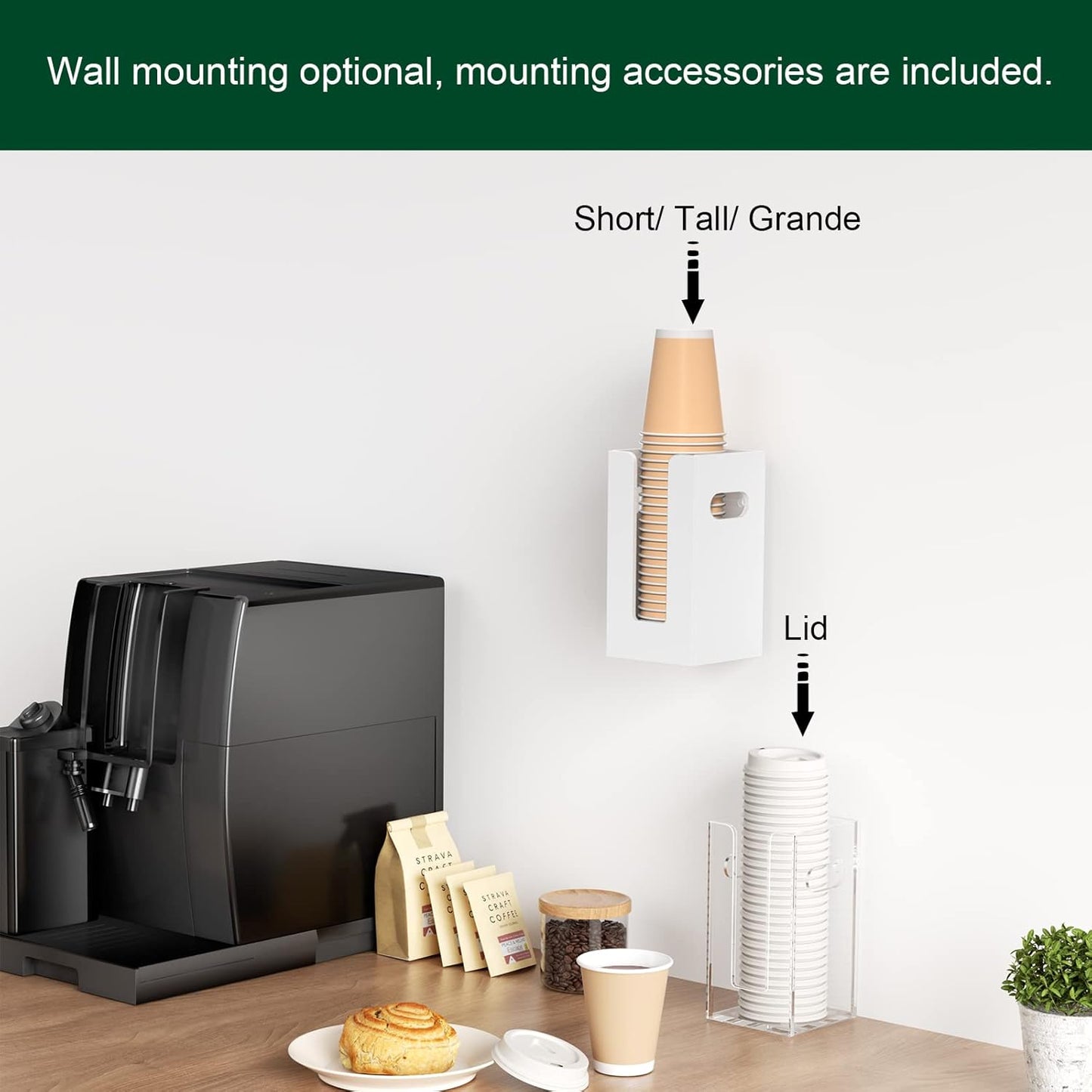 Disposable Coffee Cup Dispenser with Handles, Countertop or Wall Mount Hot/Cold Drink Cup and Lid Holder - Bathroom/Kitchen/Office Acrylic Cup Lid Storage Organizer (1 Compartment, Clear)