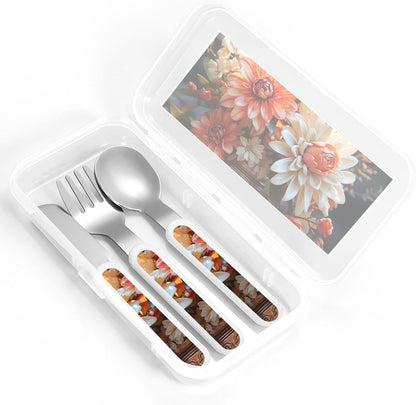 3-Piece Children Utensils Set Orange Flowers Knife Spoon Fork Set Stainless Steel Silverware Set Easy-Grip Reusable Utensils Set Child Flatware Set with Case for Lunch Travel