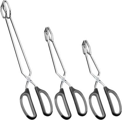 HINMAY Stainless Steel Scissor Tongs Cooking Tongs Set, Set of 3 (Black Handle, 10" 12" 16")