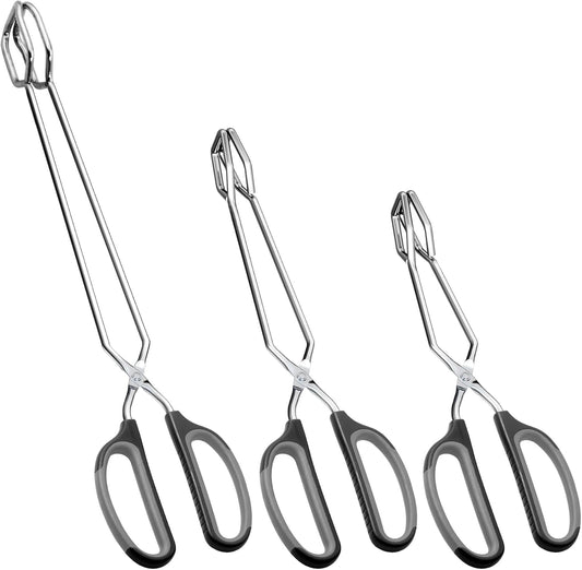 HINMAY Stainless Steel Scissor Tongs Cooking Tongs Set, Set of 3 (Black Handle, 10" 12" 16")