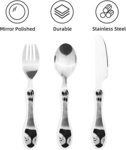 3-Piece Kids Silverware Set With Storage Case, Stainless Steel Reusable Children Safe Knife Spoon Fork Set Blue Eyed Dog Children Flatware Set For Kids Lunch Box