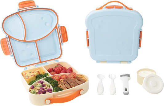 SAYAPE Kids Bento Lunch Box - Toast-Shaped 4-Compartment Lunchable Food Container with Sauce Cup, Utensils & Brush, BPA-Free, Reusable Snack Container with lid, Ideal for School & Travel - Blue