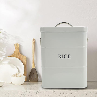 Metal Rice Storage Box, Square Rice Container with Lid and handle, Sealed Food Storage Bin for Kitchen, Countertop Organizer Jar for Rice Flour Soybean Grain Cereal-White