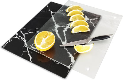 VASUHOME Tempered Glass Cutting Board Set of 2-16x12 inch Marble Pattern Cutting Board for Kitchen Counter - Scratch, Heat, Shatter Resistant and Easy to Clean- Black and Clear