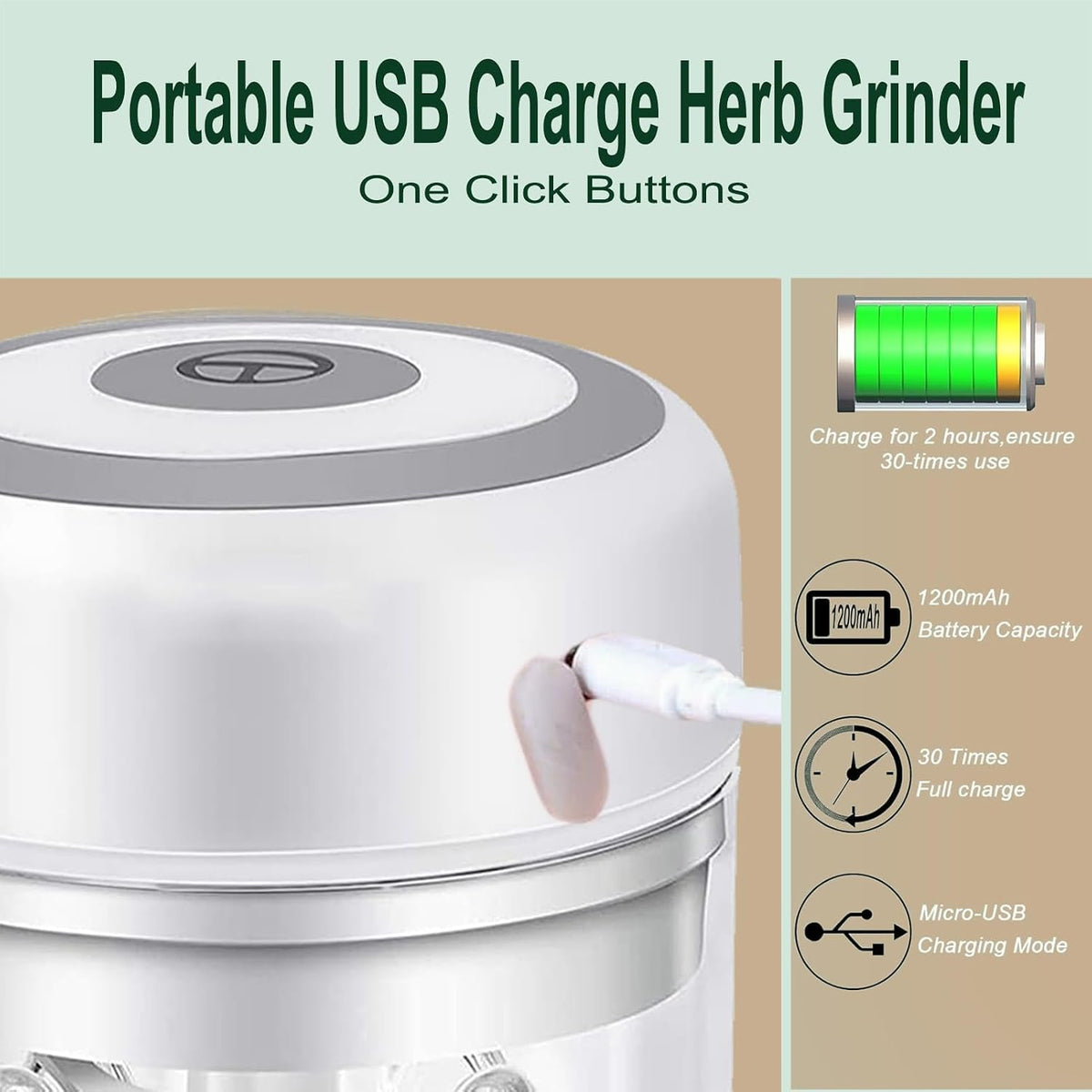 Electric Herb Grinder with Mini Scoop & Brush - 3.5-Inch 3.4oz USB Cordless, Adjustable Coarse to Fine Grind for Spices/Garlic/Herbs - Waterproof Portable Food Chopper (Green)