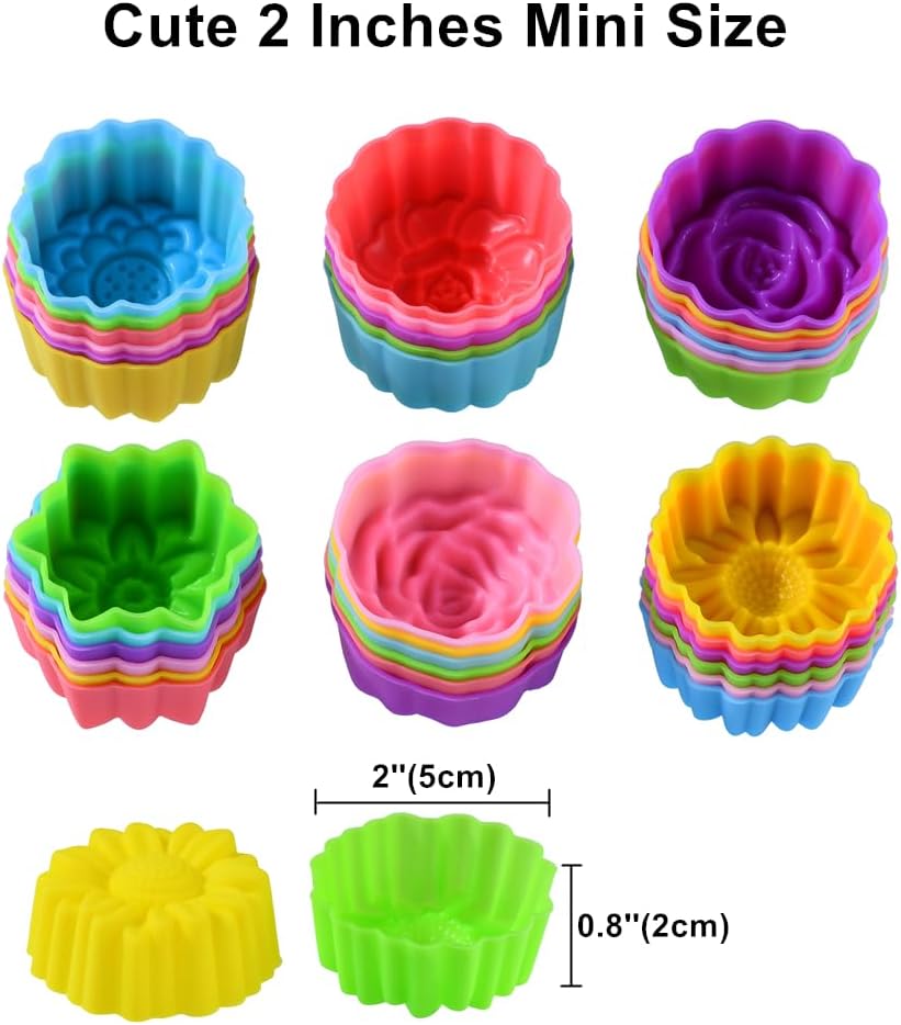 Reusable Silicone Baking Cups, 2 Inch Mini Size Silicone Cupcake Liners for baking, Multi Flower Shapes Muffin Liners, Pack of 36